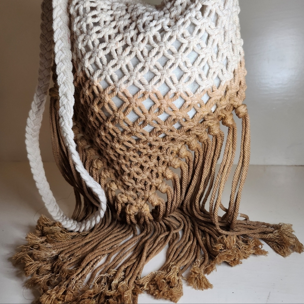 Handcrafted Macramé Fringe Bag - Cream and Brown